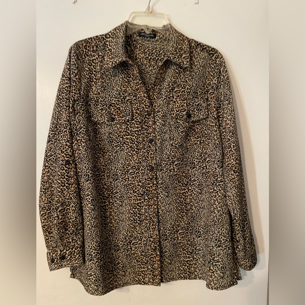 Vintage Women's Notations Leopard Print Button Roll Tab Sleeves Shirt Sz L